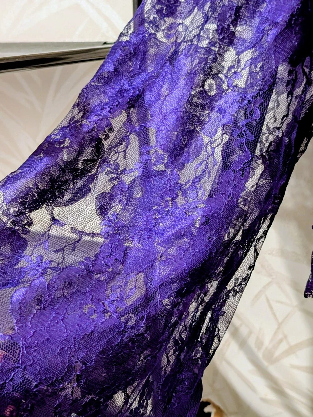 Escante Sheer Stunning Purple Lace Ruffle Lingerie With Black Lace Tie Size L